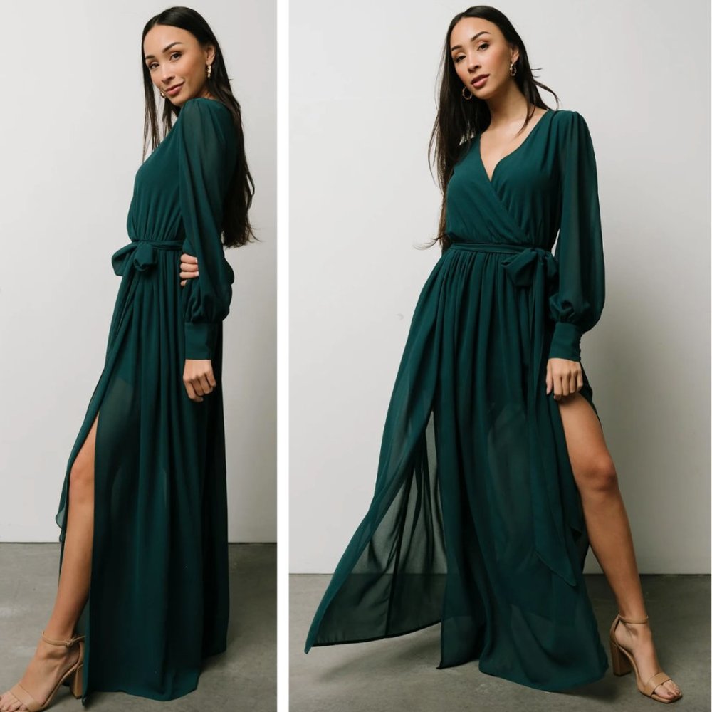 NWT Baltic Born Celine Maxi Dress Hunter Green Faux Wrap Bodice Wedding Chiffon